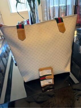 Gucci Cream Monogram Tote and Wallet with Green-Red Web Stripe and Tan Trim